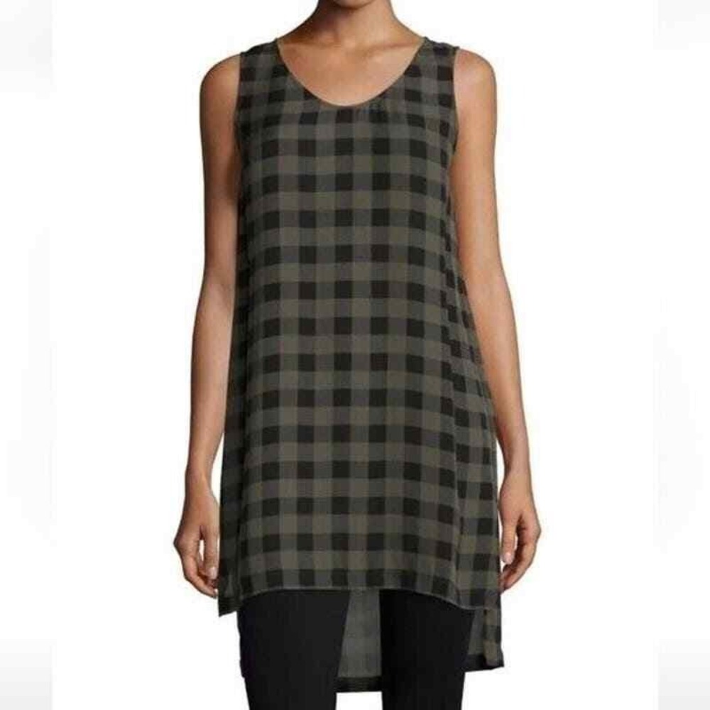 Eileen Fisher Silk Tunic‎ Dress Womens XXS Green Black Buffalo Plaid Sleeveless